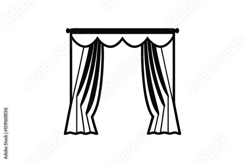 Elegant Window Curtains with Scalloped Valance and Rod Black and White Interior Design Element Silhouette black white silhouette draped curtains scalloped valance rod