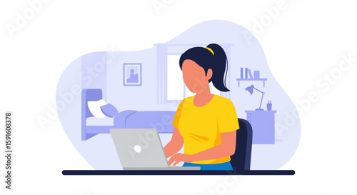 Woman working from home on laptop, illustration for remote work, freelance, or online business.