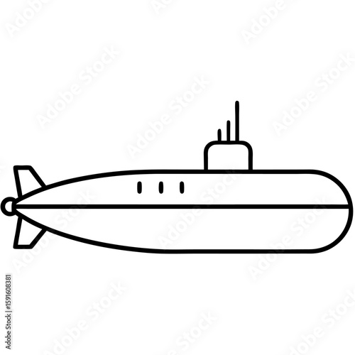 Black and white line art illustration of a submarine hull and periscope