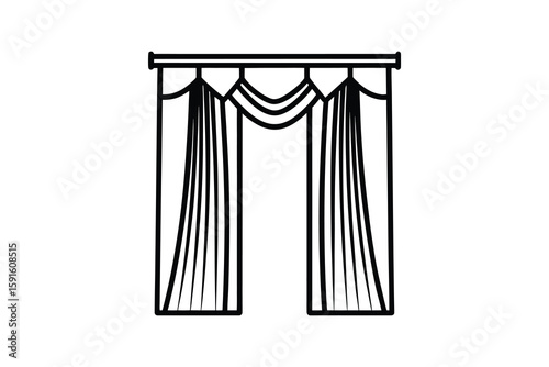 Elegant Window Curtains with Valance Classic Home Decor Interior Design Element Black and White Silhouette Style Isolated on White Background silhouette black white