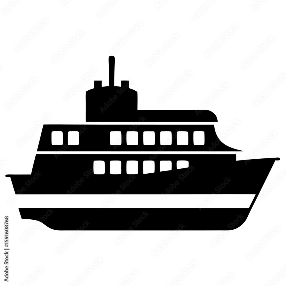 Obraz premium Simple black silhouette of a ferry boat on a white background