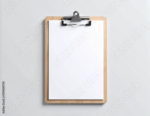 White A4 paper clipped on minimal clipboard, placed on light grey background