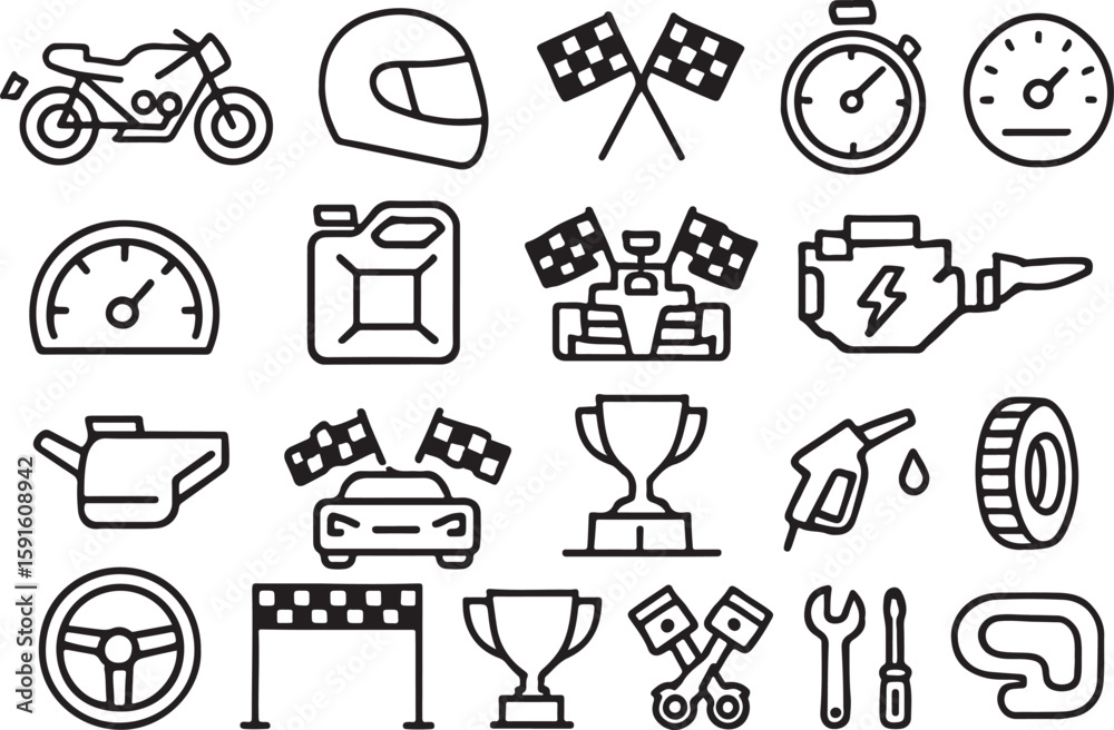 Fototapeta premium Racing icons motorcycle helmet checkered flags car engine tire