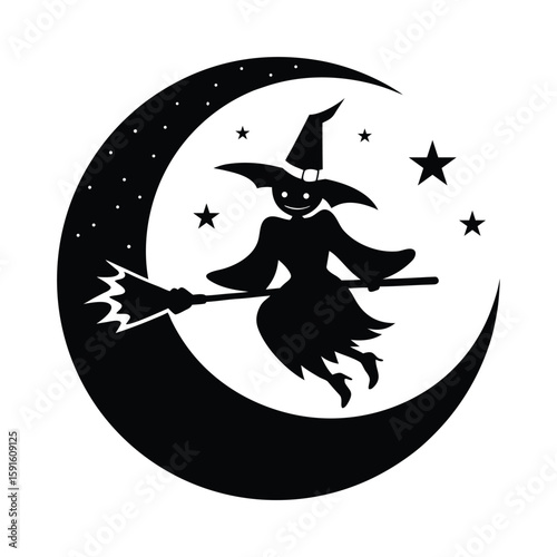 Witch riding broomstick carved into pumpkin shape vector silhouette
