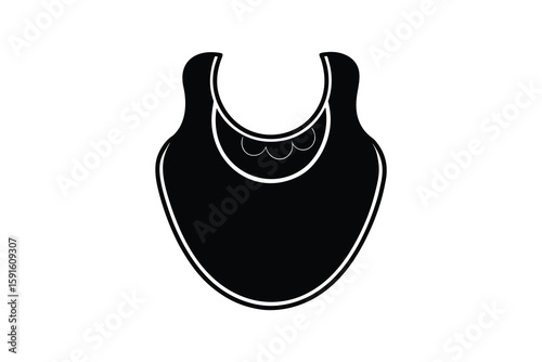 Minimalist Baby Bib Illustration in Black and White with a Clean Outline and Simple Scalloped Edge Design silhouette simple baby bib illustration style