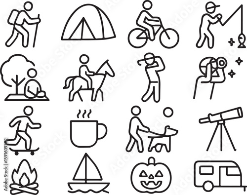 Set of 16 outdoor activity and leisure icons hiking