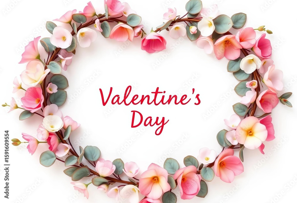 Obraz premium Pastel floral eucalyptus heart wreath on white background Valentine's Day banner, floral arrangement, photography