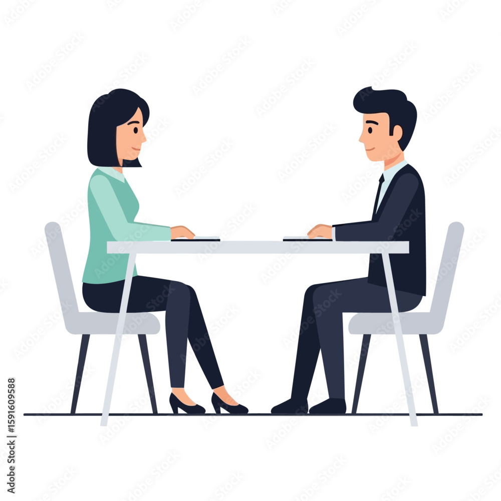 Fototapeta premium Business meeting illustration, Two colleagues sitting face to face at a desk discussing work, Minimalist business presentation with professional man and woman, sharing plans