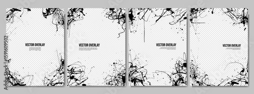 Vector grunge overlay. Hand drawn abstract frame set. Liquid ink splatter mess. Design for poster, journal, flyer, magazine, layout, book cover. Dynamic black paint splashes. Modern artistic painting