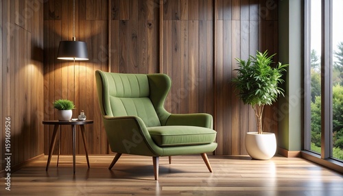 Wallpaper Mural Olive green curved lounge chair with matte finish framed by dark oak panel walls and ambient lighting for cozy contrast Torontodigital.ca