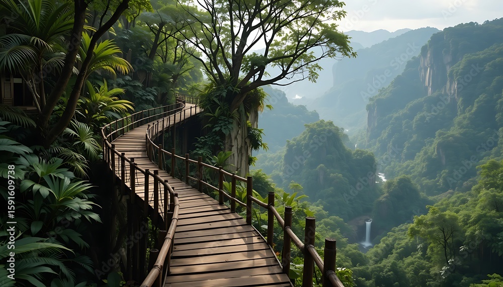 Fototapeta premium Walking Along Scenic Wooden Path Through Lush Green Tropical Forest