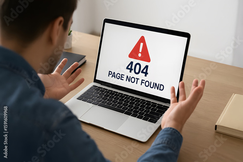 404 page not found error warning on laptop screen, frustrated user sitting at desk, internet connection failure or broken website concept, digital communication problem, browser display issue alert