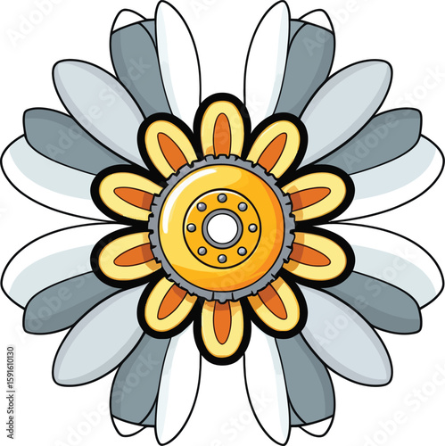 Whimsical Cartoon Flower Vector Illustration:  Detailed graphic rendering of a stylized bloom with grey and white petals surrounding a golden center, suitable for design elements and creative