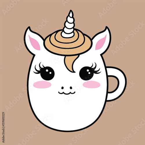 Adorable Kawaii Unicorn Coffee Cup Illustration: A charming cartoon design perfect for adding a touch of whimsy and magic to any project, featuring a cute unicorn depicted as a coffee mug, ideal for