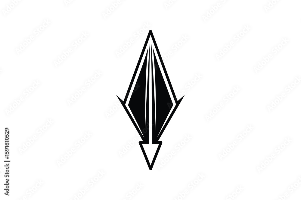 Fototapeta premium Abstract Arrowhead Design with Sharp Edges and Geometric Shapes Pointing Downwards Isolated on White Background a Silhouette stylized arrowhead design presented clean silhouette