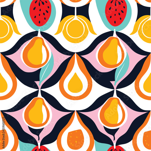 Vibrant Fruit Pattern: A playful and modern seamless pattern featuring stylized pears, berries, and abstract shapes, evoking a cheerful and energetic mood in bright, contrasting colors.