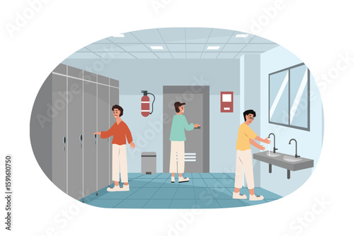 Male toilet. Washroom illustration. People at restroom. Washing hand. Toilet for man.