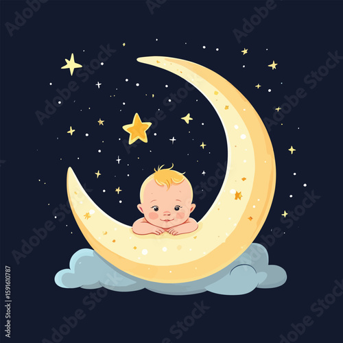 Stylized illustration of a baby resting comfortably on a glowing crescent moon amidst a starry night sky, evoking a sense of peacefulness and gentle dreams for baby and nursery themes.