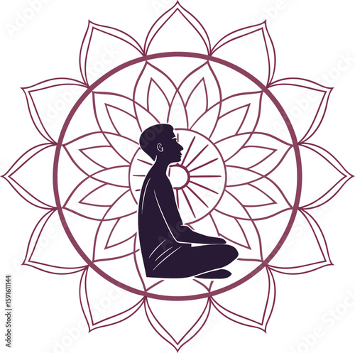 Inner Harmony: A person in deep meditation, silhouetted against a beautiful mandala, inviting inner peace and mindfulness, a symbol of mental balance and spiritual tranquility.