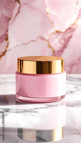 Elegant pink cosmetic jar with shiny gold lid placed on a marble surface and soft pink background. Ideal for beauty, skincare, luxury branding, and lifestyle-related visuals.