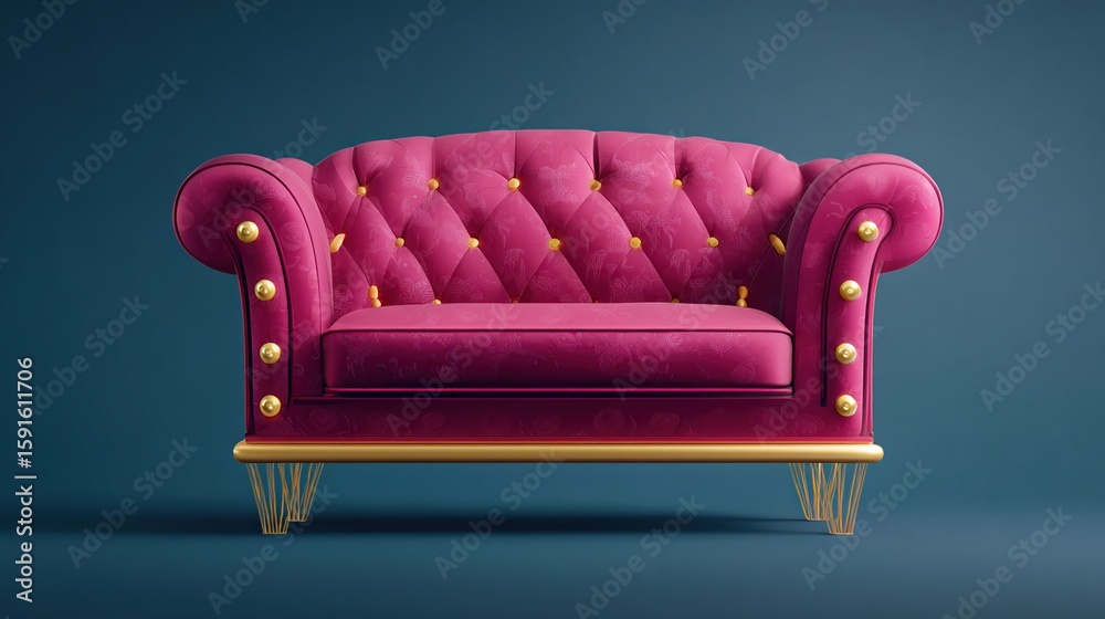 Naklejka premium Rich magenta velvet loveseat with gold trim and buttons against a teal backdrop