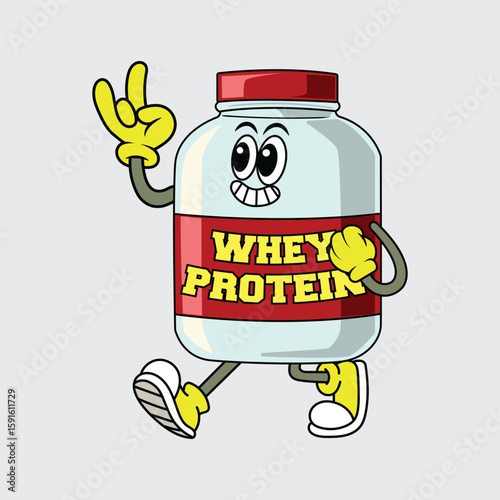 Cute cartoon whey protein character walking cheerfully with gloves, sneakers, and a happy face illustration