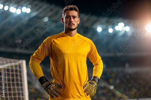Soccer goalie in defensive stance standing pose wearing a yellow jersey and gloves