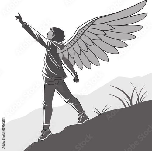 Ascension of Hope: A figure, with wings, ascends a mountain, symbolizing aspiration, dreams and future. It illustrates the power of imagination, hope and reaching goals.