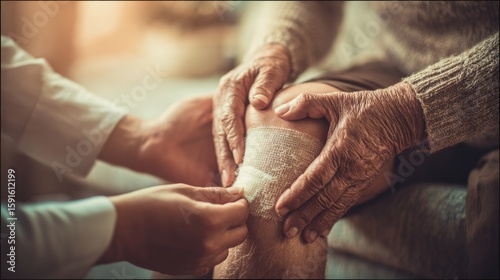 Caregiver Applying Bandage to Senior’s Leg at Home, Emotional Elderly Care Scene