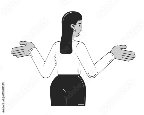 Middle eastern businesswoman gesturing uncertainty from behind doodle linear character. Corporate turkish female shrugging 2D vector outline person isolated. Hand drawn drawing illustration monochrome
