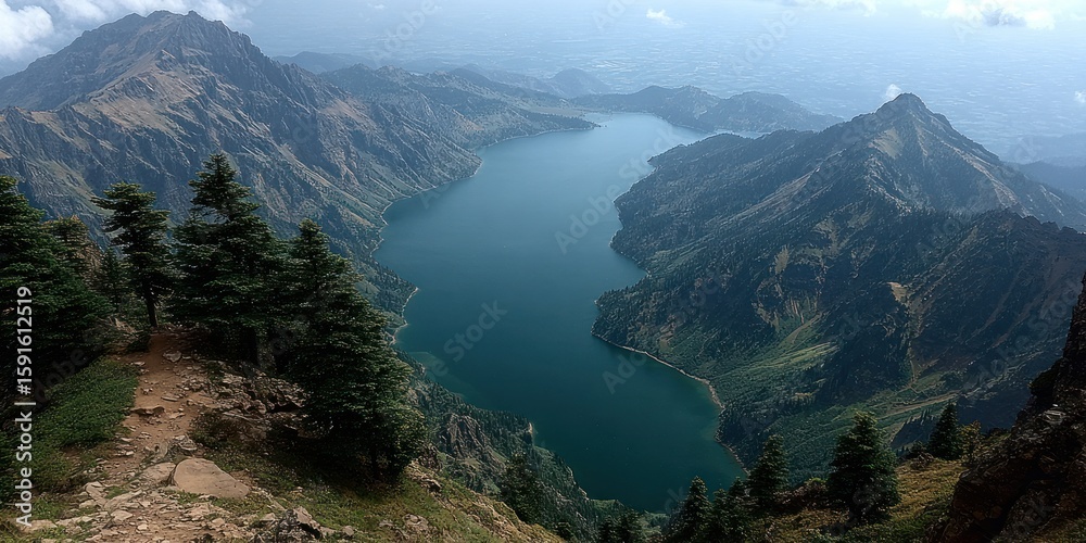 Obraz premium Azores' Crater Lake Serenity: Emerald Green Waters and Misty Surroundings in Portugal