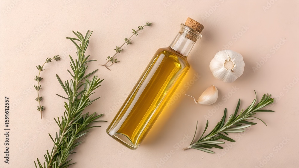 Fototapeta premium Overhead shot of olive oil with rosemary and garlic, a flavorful culinary ingredient