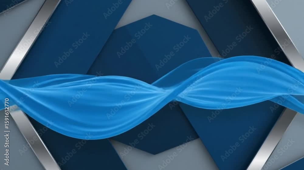 A blue fabric wave over geometric shapes in gray dark blue and silver tones