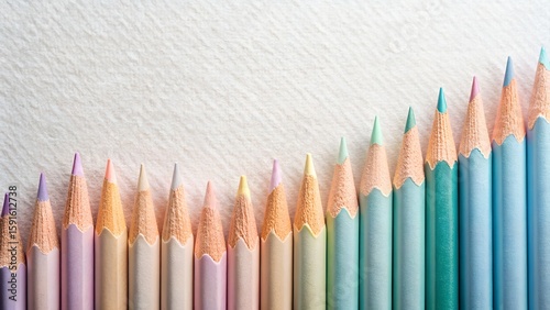 A colorful array of pastel colored pencils arranged in a row on a textured white background