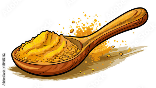 Ground turmeric in a small wooden spoon, vibrant yellow, lies on a white surface. Fine texture and intense color provide the perfect spice concept for food or Ayurvedic vector illustration.