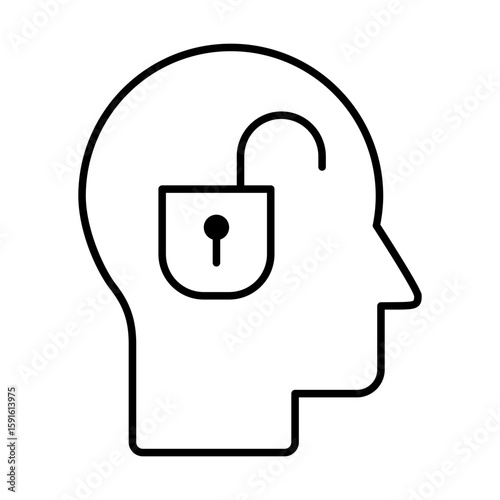 Head open padlock line icon. Open Minded concept. Unlocked thinking symbolizing open mindedness, education, therapy, mental freedom, learning, and personal growth. Key solution. Vector illustration. 