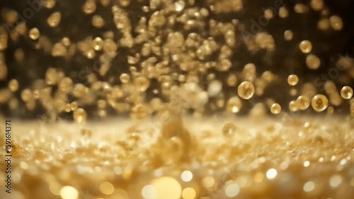 Golden bubbles rising from sparkling liquid in soft light setting  