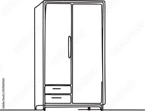 Minimalist line art wardrobe illustration with dual doors and storage