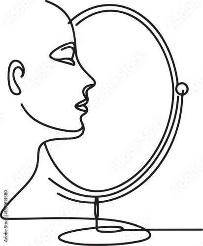 Minimalist line art of female profile reflecting in round mirror