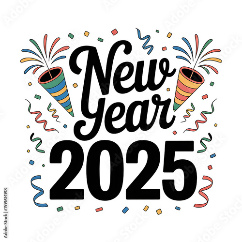 Vector art of new year 2025 lettering with confetti and fireworks isolated on transparent background