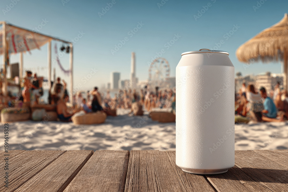 Obraz premium close up of blank beer can on beach