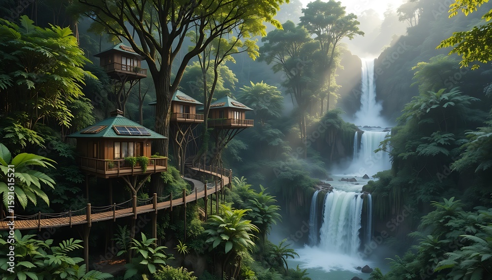 Fototapeta premium Idyllic Treehouse Village in Lush Rainforest with Cascading Waterfall