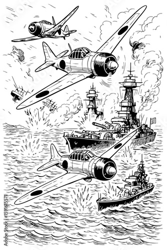 "WWII Naval Air Strike – Black and White Line Art Illustration"