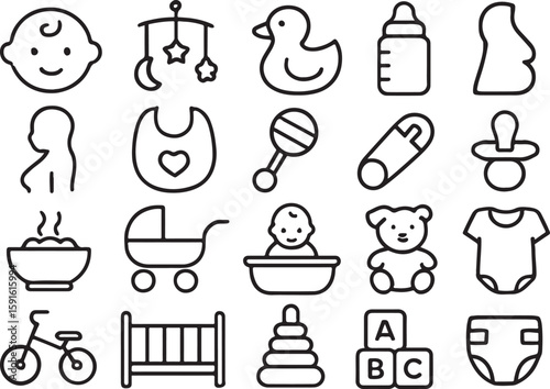Baby icons collection with crib and toys infant child