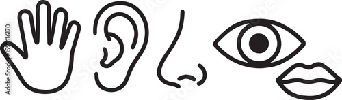 Black line art of human senses hand ear nose eye lips