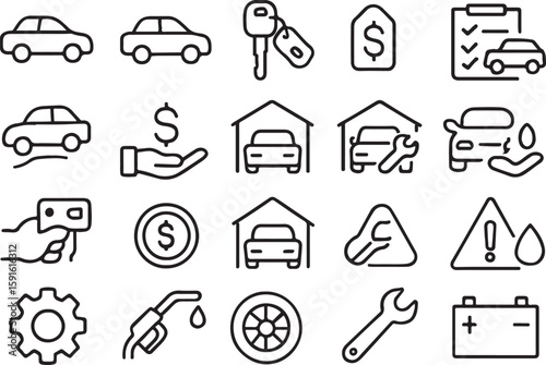 Black outline car service icons on white background