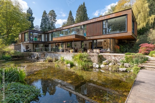 Modern House Exterior With Water Feature And Garden