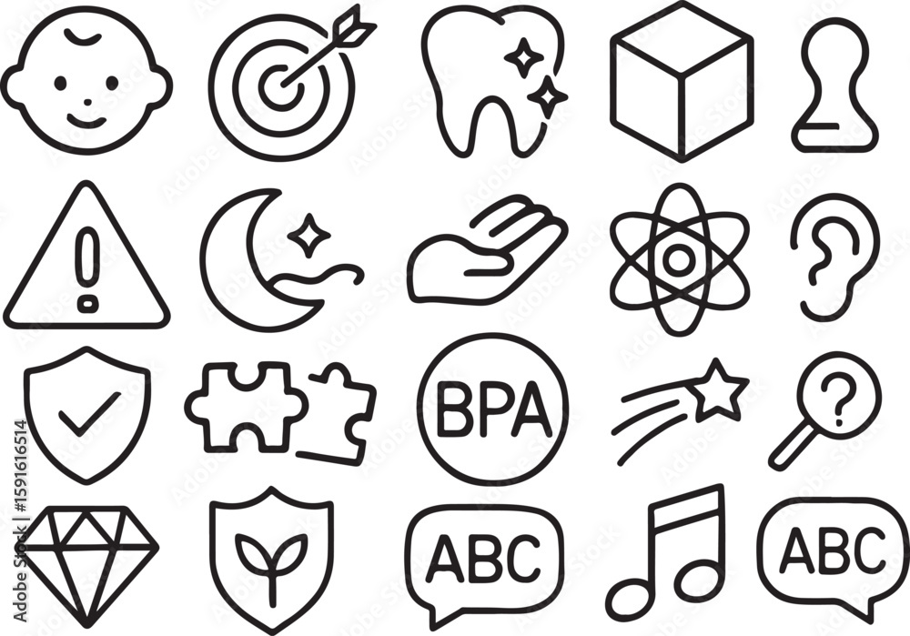 Fototapeta premium Black outline icons arranged in a grid on white background