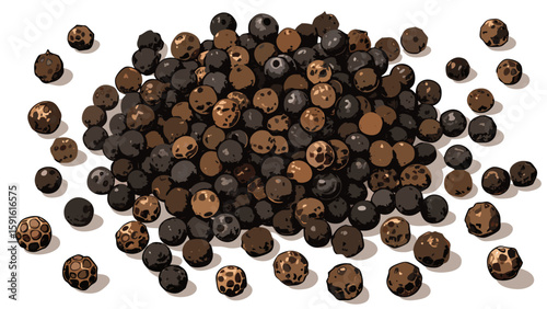 Whole black peppercorns scattered across a white background, round and shiny. Their natural form and subtle reflections add realism and spice-inspired depth to any culinary vector setting.