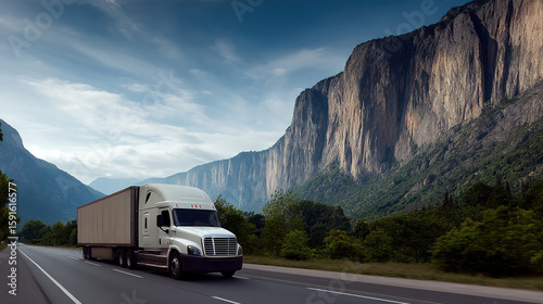 Fototapeta Naklejka Na Ścianę i Meble -  White semi truck drives on highway through scenic mountain landscape with dramatic cliffs and lush green trees under blue sky